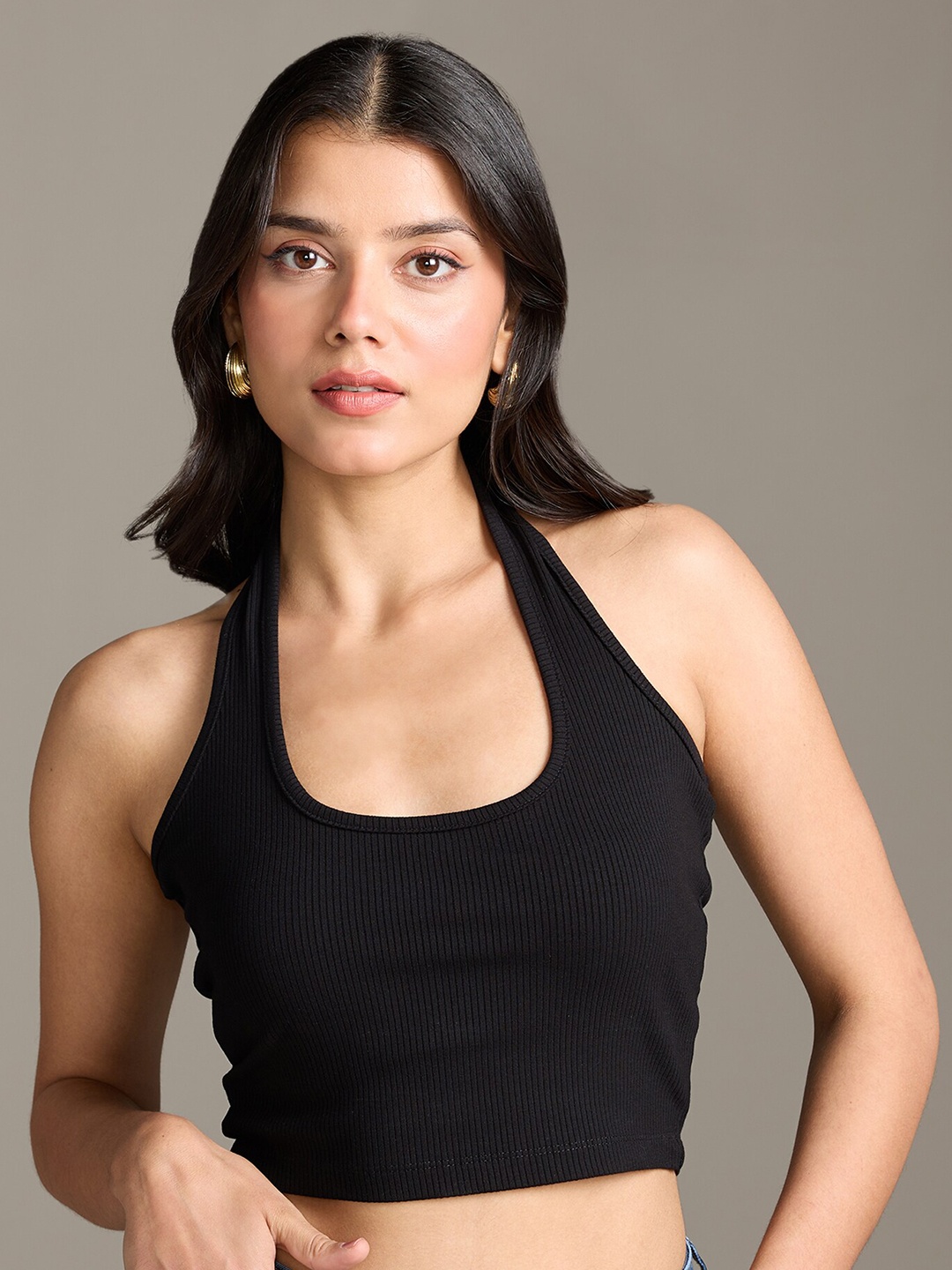 

20Dresses Halter Neck Crop Fitted Top, Black
