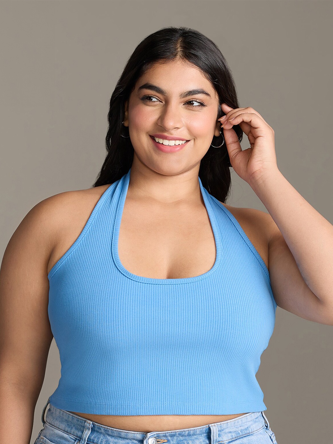 

20Dresses Plus Size Blue Halter Neck Fitted Crop Top