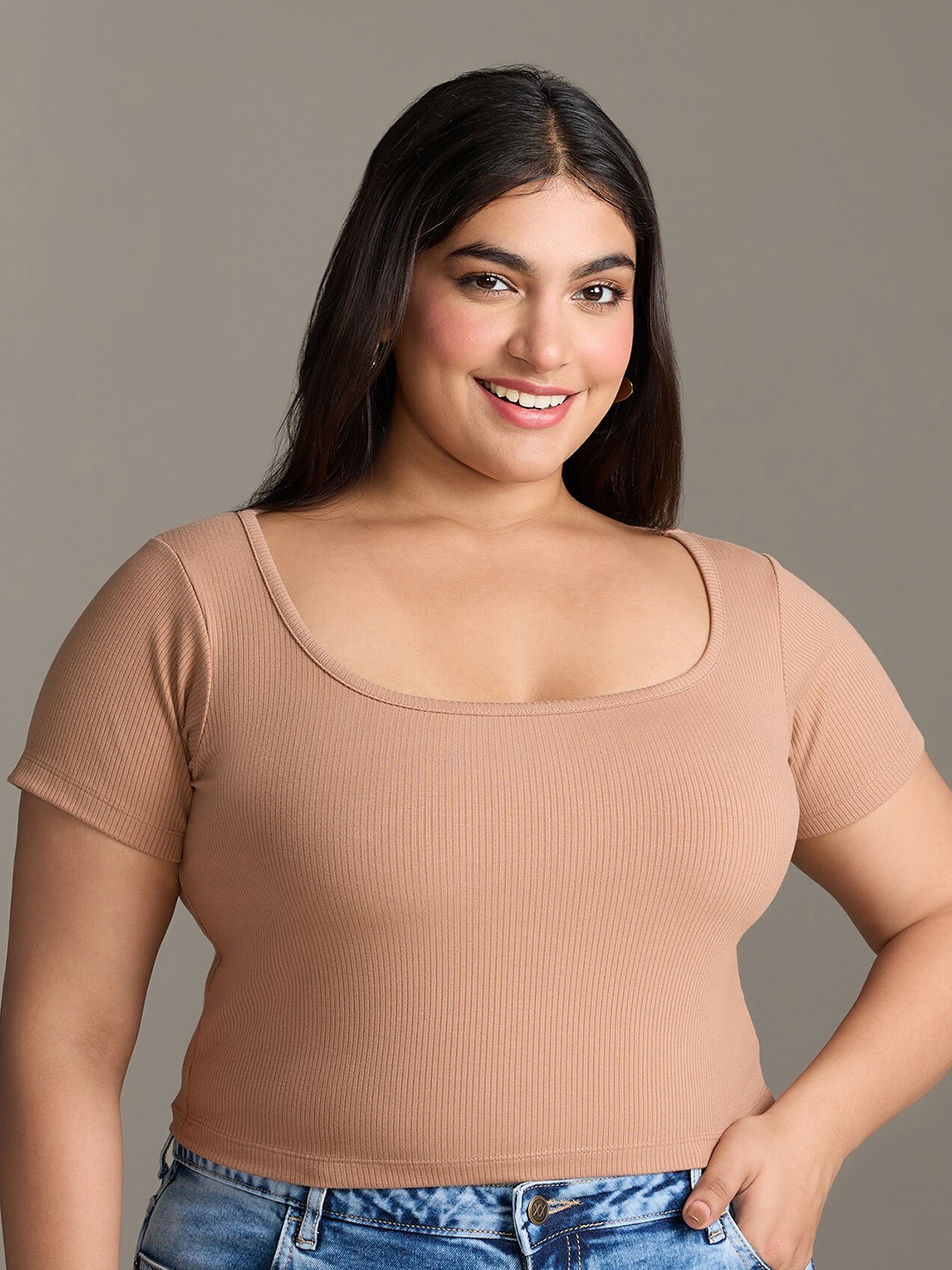 

20Dresses Plus Size Beige Square Neck Fitted Crop Top, Khaki