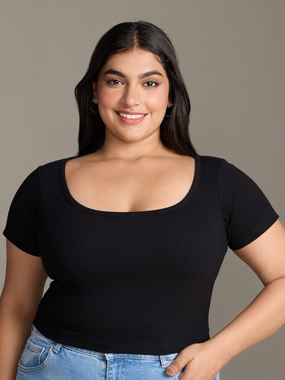 

20Dresses Plus Size Black Square Neck Fitted Crop Top