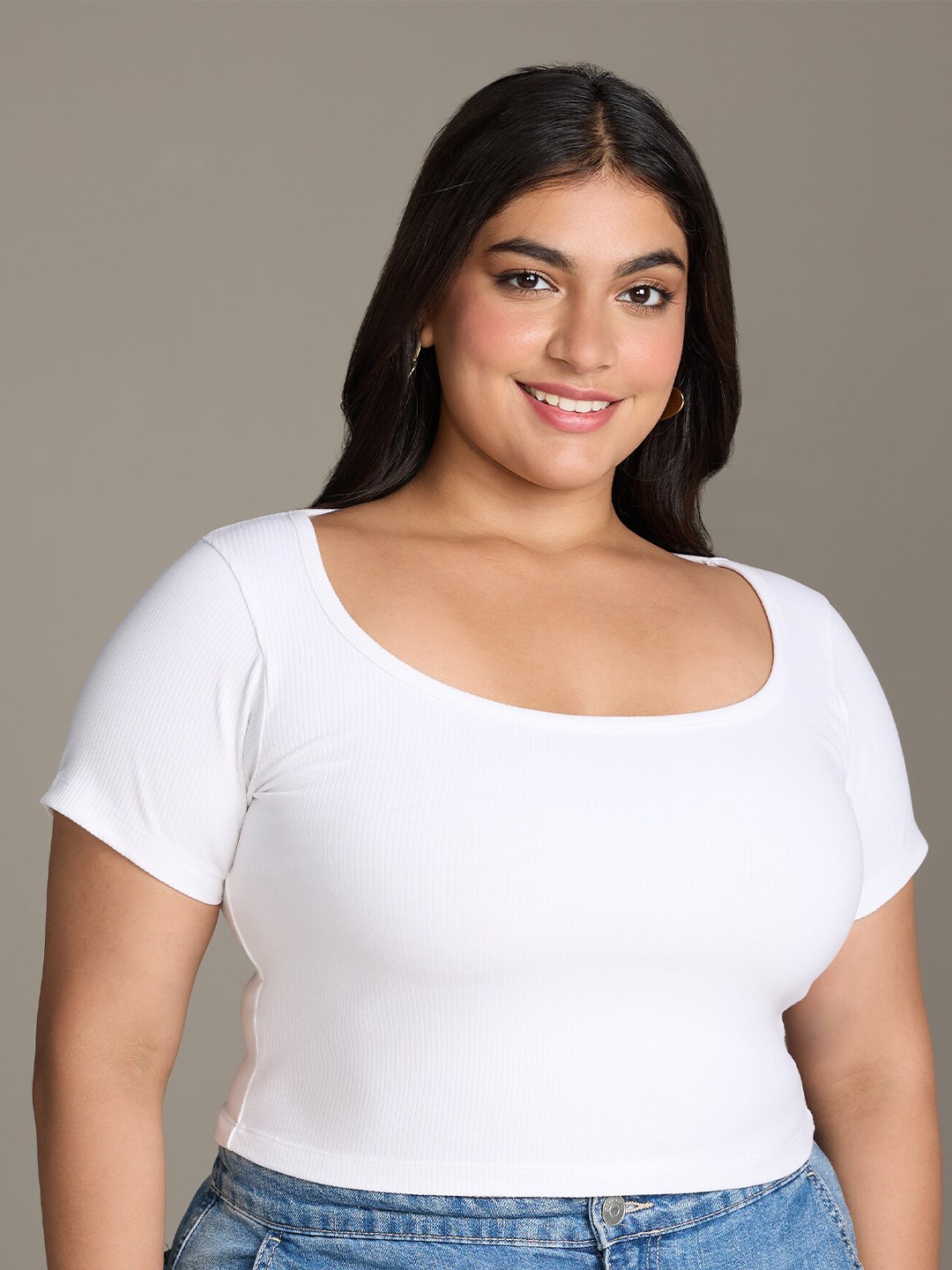 

20Dresses Plus Size White Square Neck Fitted Crop Top
