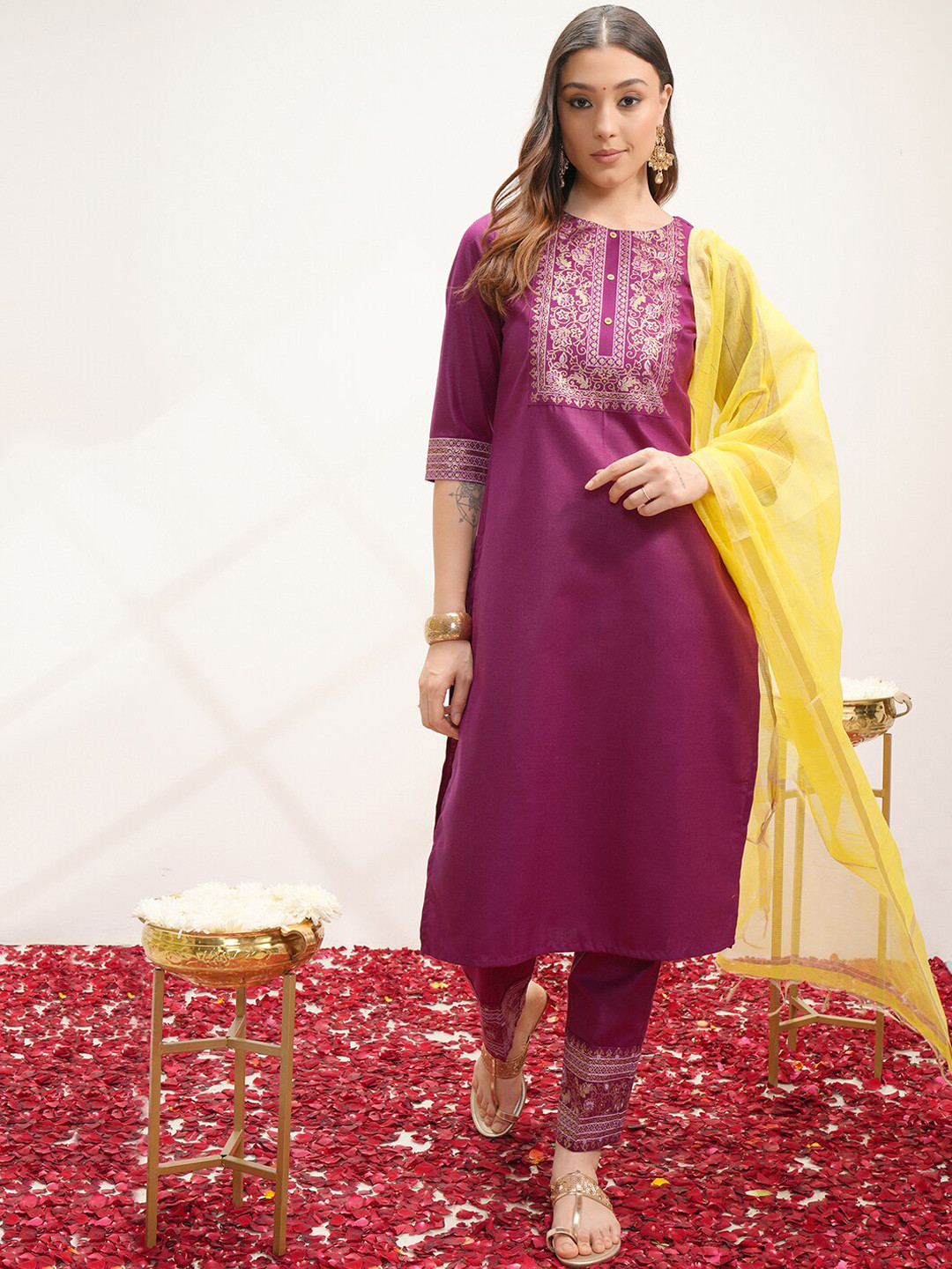 

Vishudh Ethnic Motifs Yoke Design Regular Kurta with Trousers & With Dupatta, Magenta