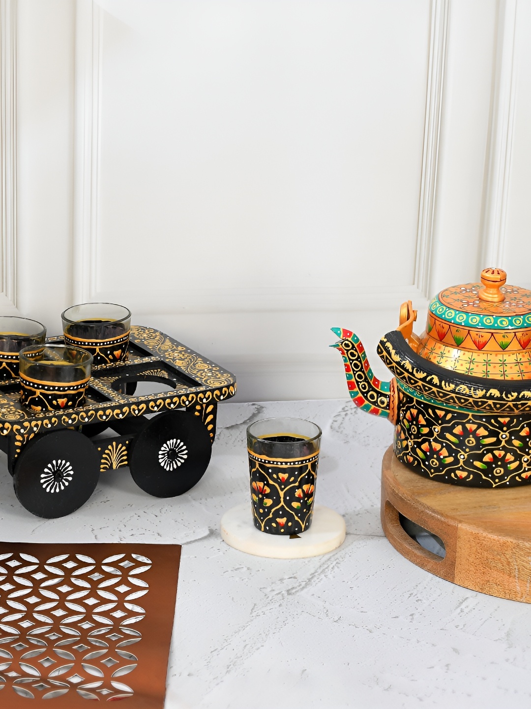 

Craft Junction Black Printed Tea Pot With Glass Holder Showpiece