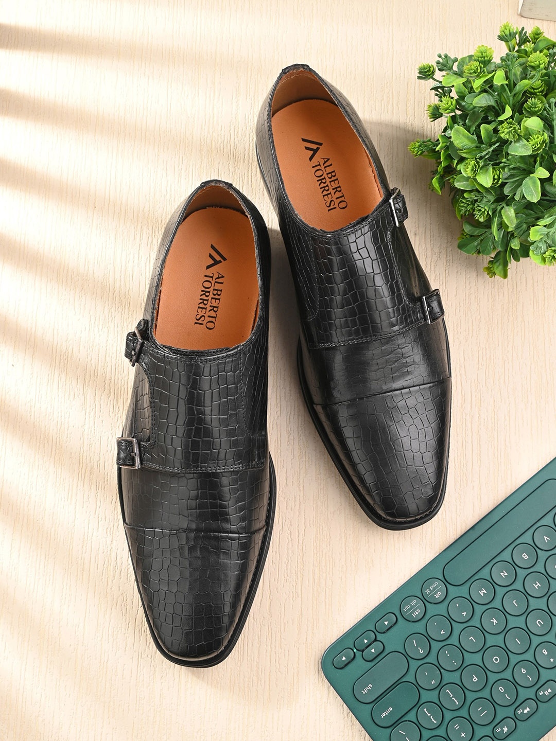 

Alberto Torresi Men Textured Leather Formal Monk Shoes, Black