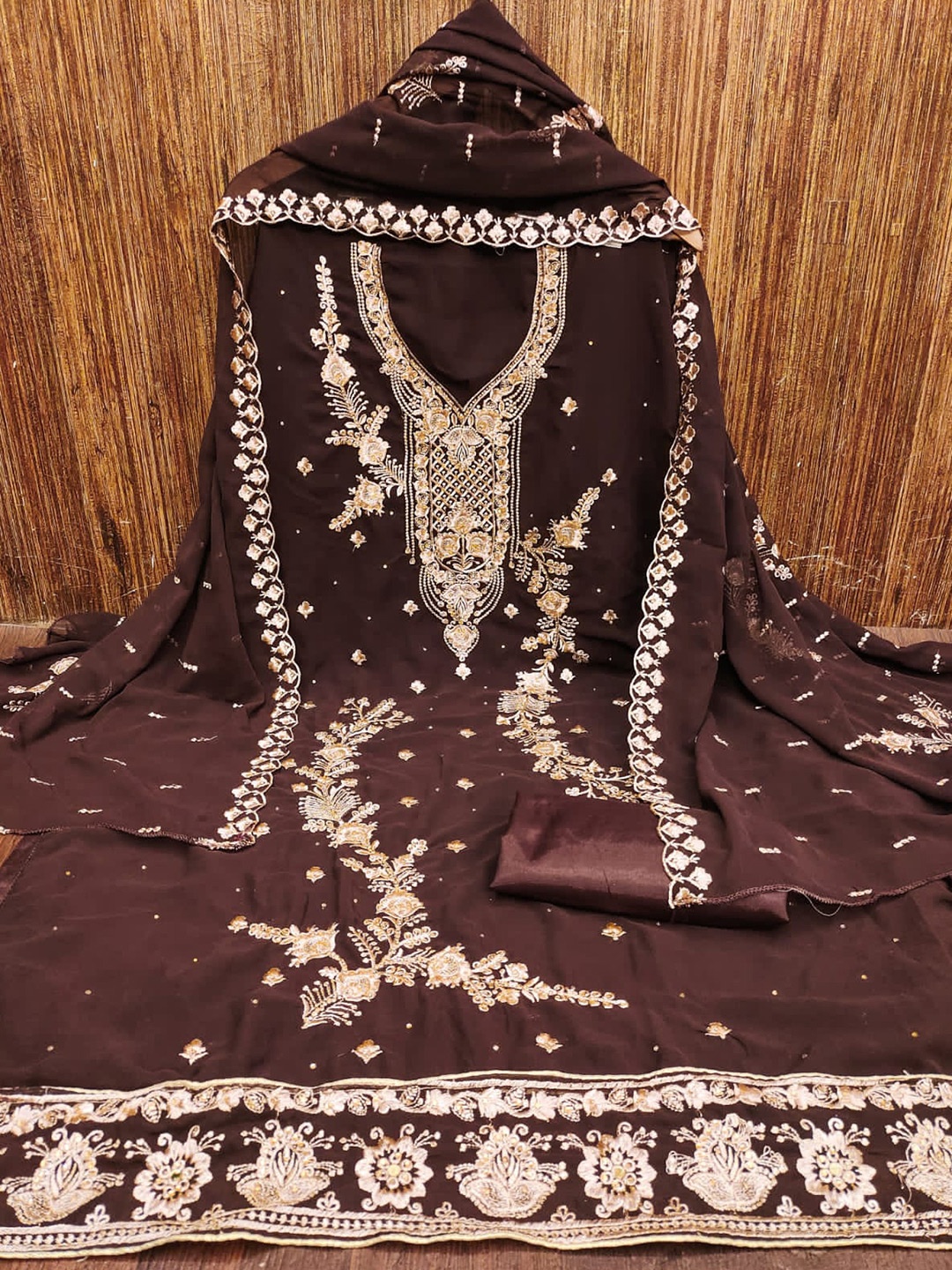 LeeliPeeri Designer Floral Embroidered Zari Unstitched Dress Material, Brown