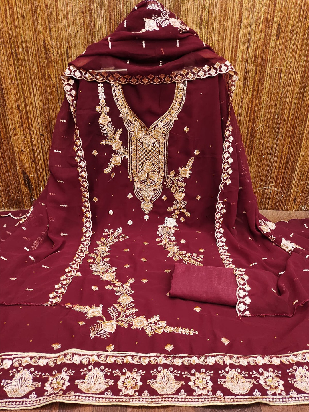 

LeeliPeeri Designer Ethnic Motifs Embroidered Zari Unstitched Dress Material, Red