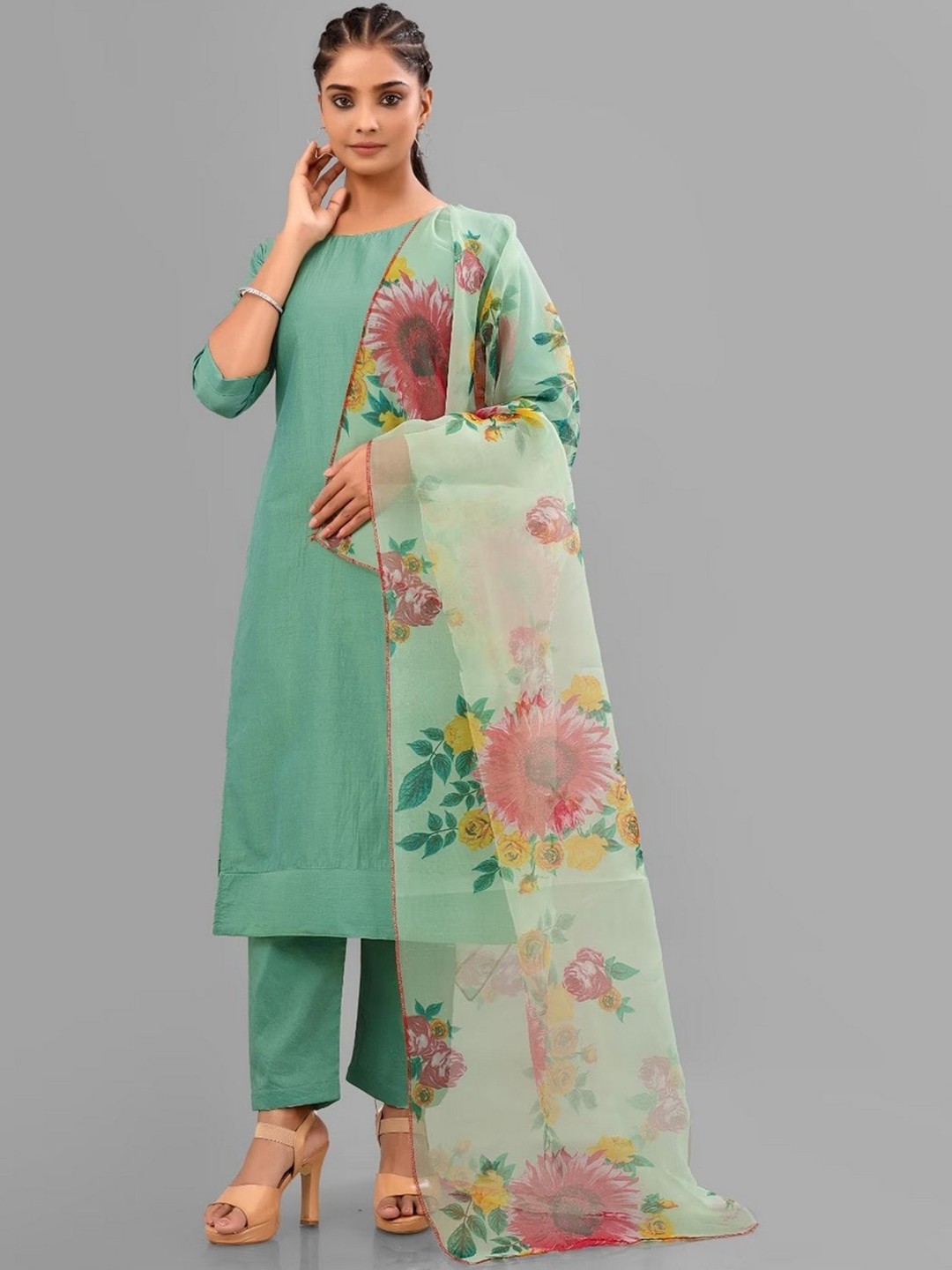 

ZEEPKART Regular Three-Quarter Sleeves Round Neck Kurta with Trousers & With Dupatta, Green