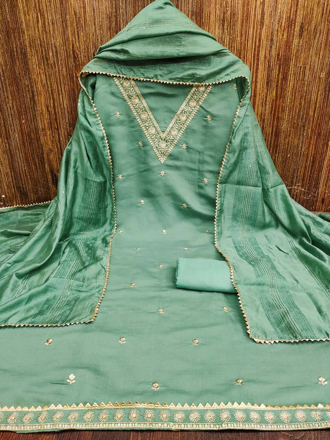 

LeeliPeeri Designer Floral Embroidered Unstitched Dress Material, Green