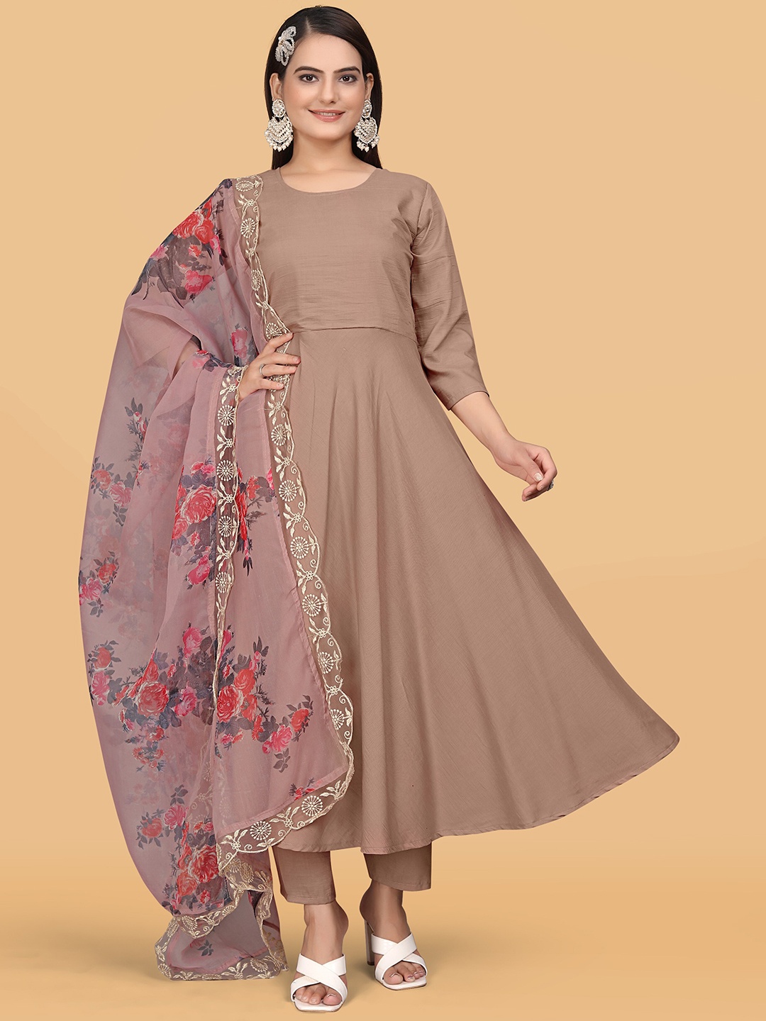 

ZEEPKART Anarkali Kurta With Trousers & Dupatta, Brown