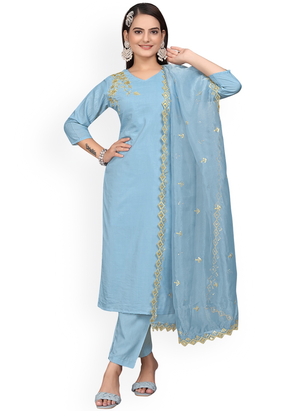 

ZEEPKART Floral Embroidered Sequinned Straight Kurta With Trousers & Dupatta, Blue