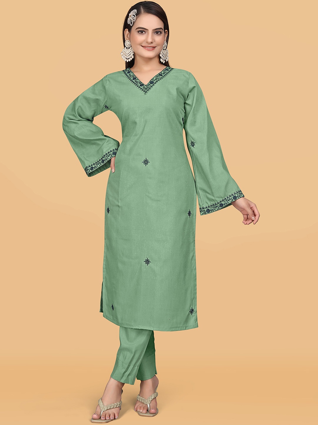 

ZEEPKART Floral Embroidered Thread Work Straight Kurta With Harem Pants, Sea green
