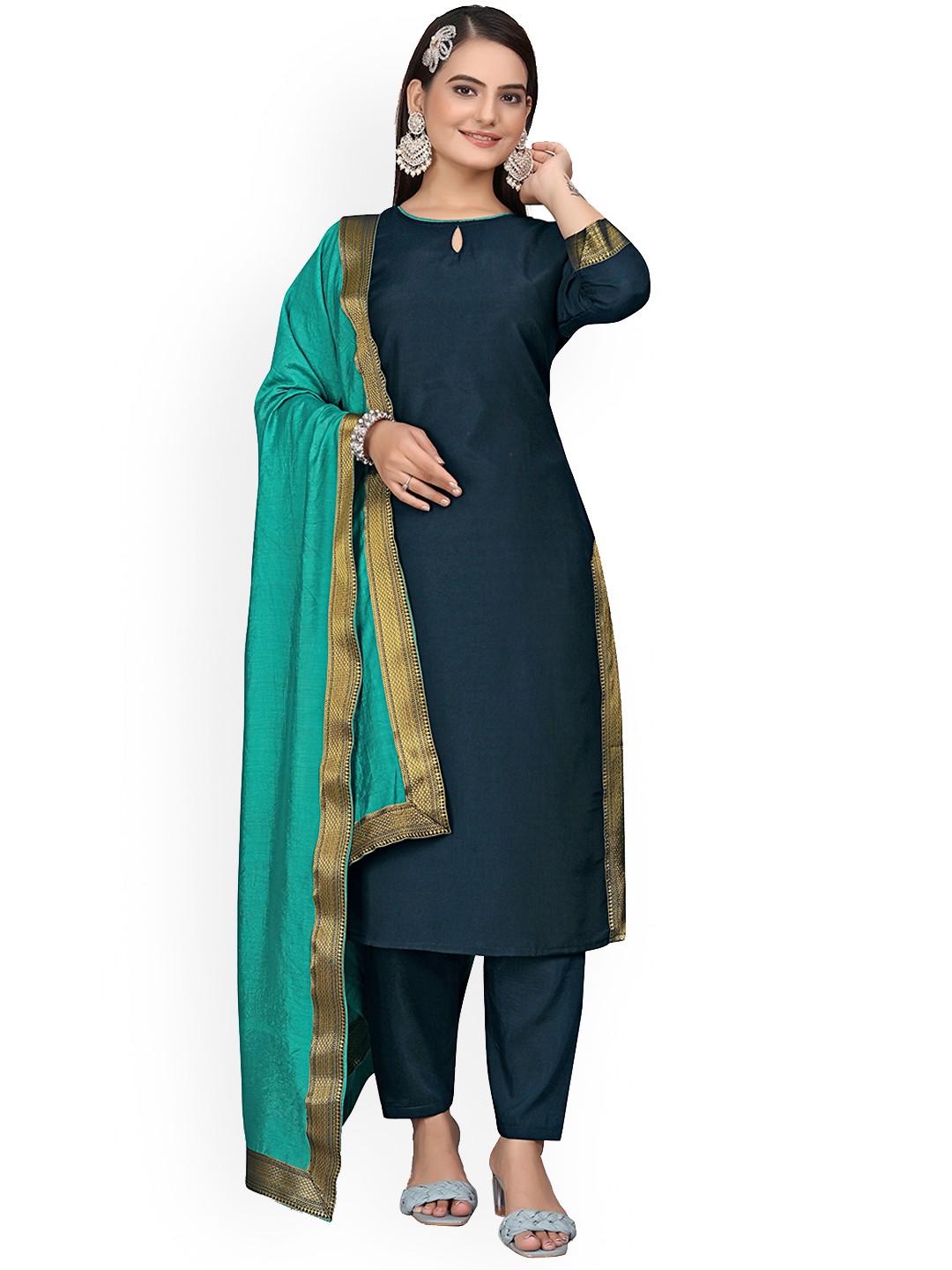 

ZEEPKART Gotta Patti Straight Kurta With Trousers & Dupatta, Blue