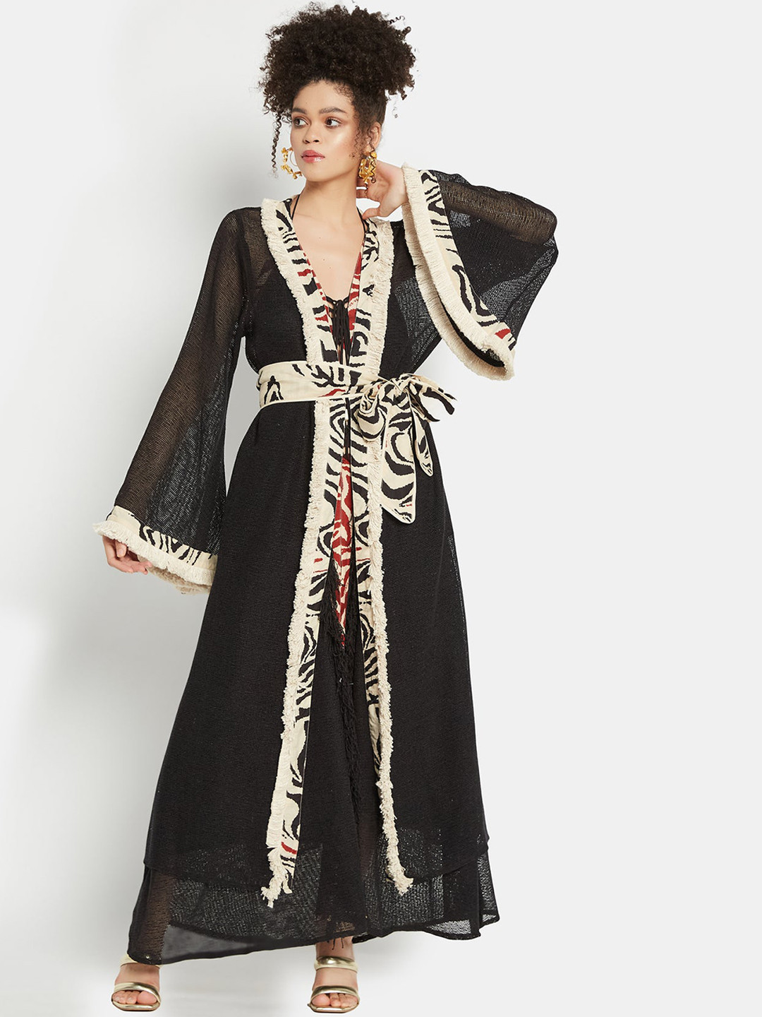 

Be Sunset Ibiza Abstract Printed V-Neck Bell Sleeves Cotton Maxi Dress, Black