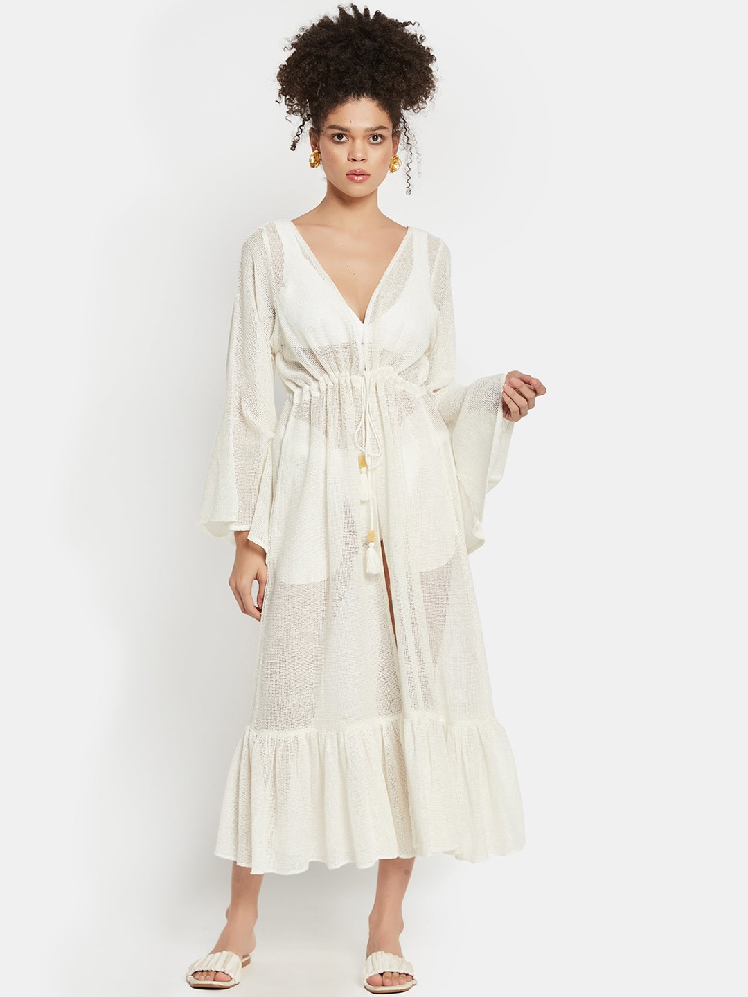 

Be Sunset Ibiza V-Neck Bell Sleeves Cotton Maxi Dress, White