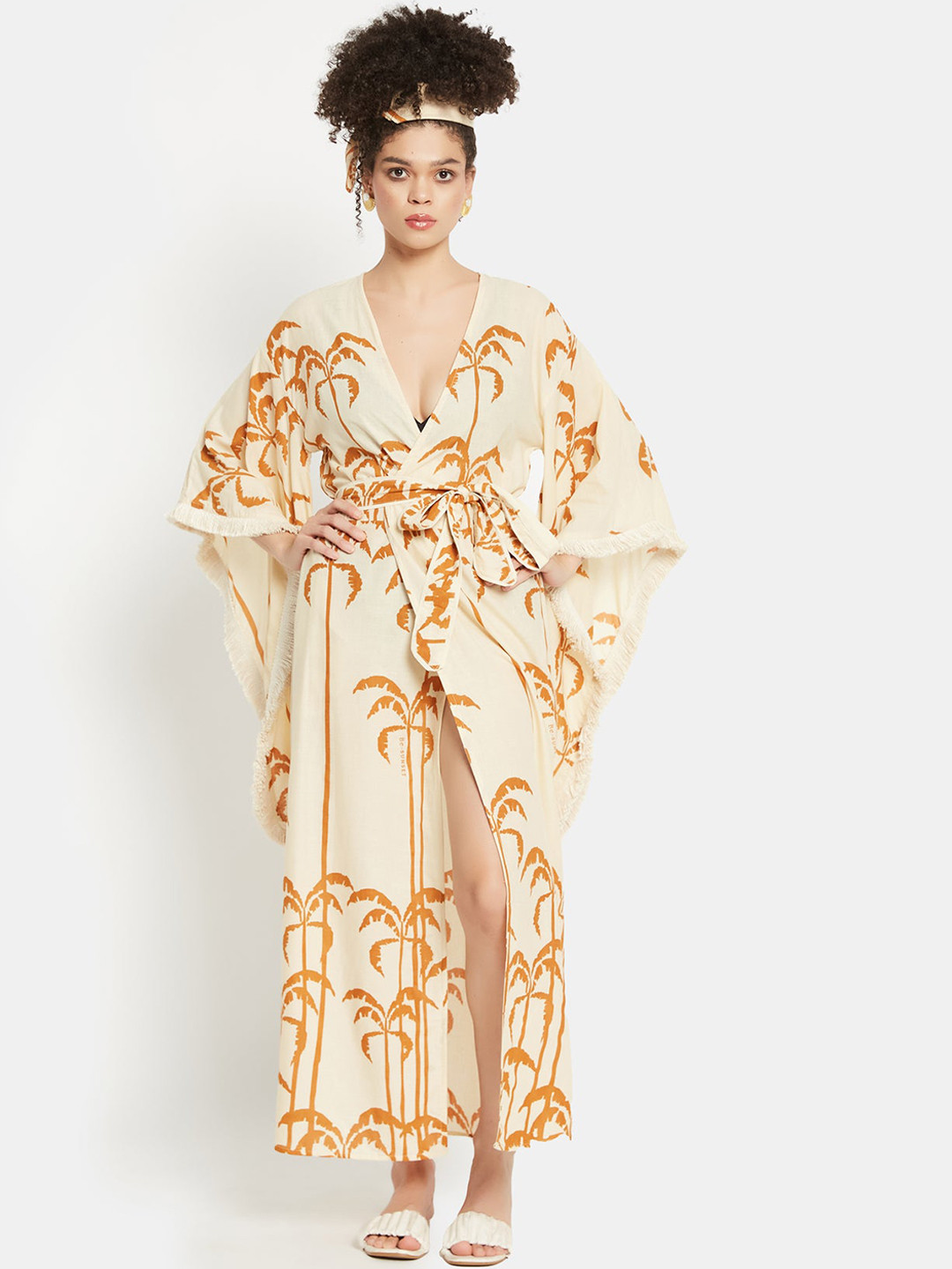 

Be Sunset Ibiza Tropical Printed V-Neck Bell Sleeves Cotton Maxi Dress, Mustard