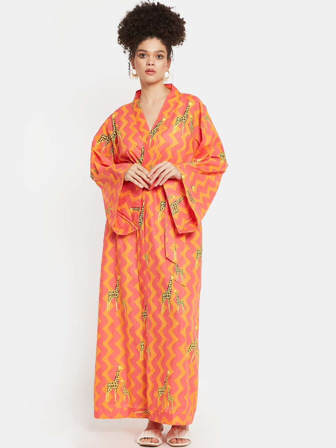 

Be Sunset Ibiza Floral Printed V-Neck Bell Sleeves Cotton Kimono Maxi Dress, Fuchsia