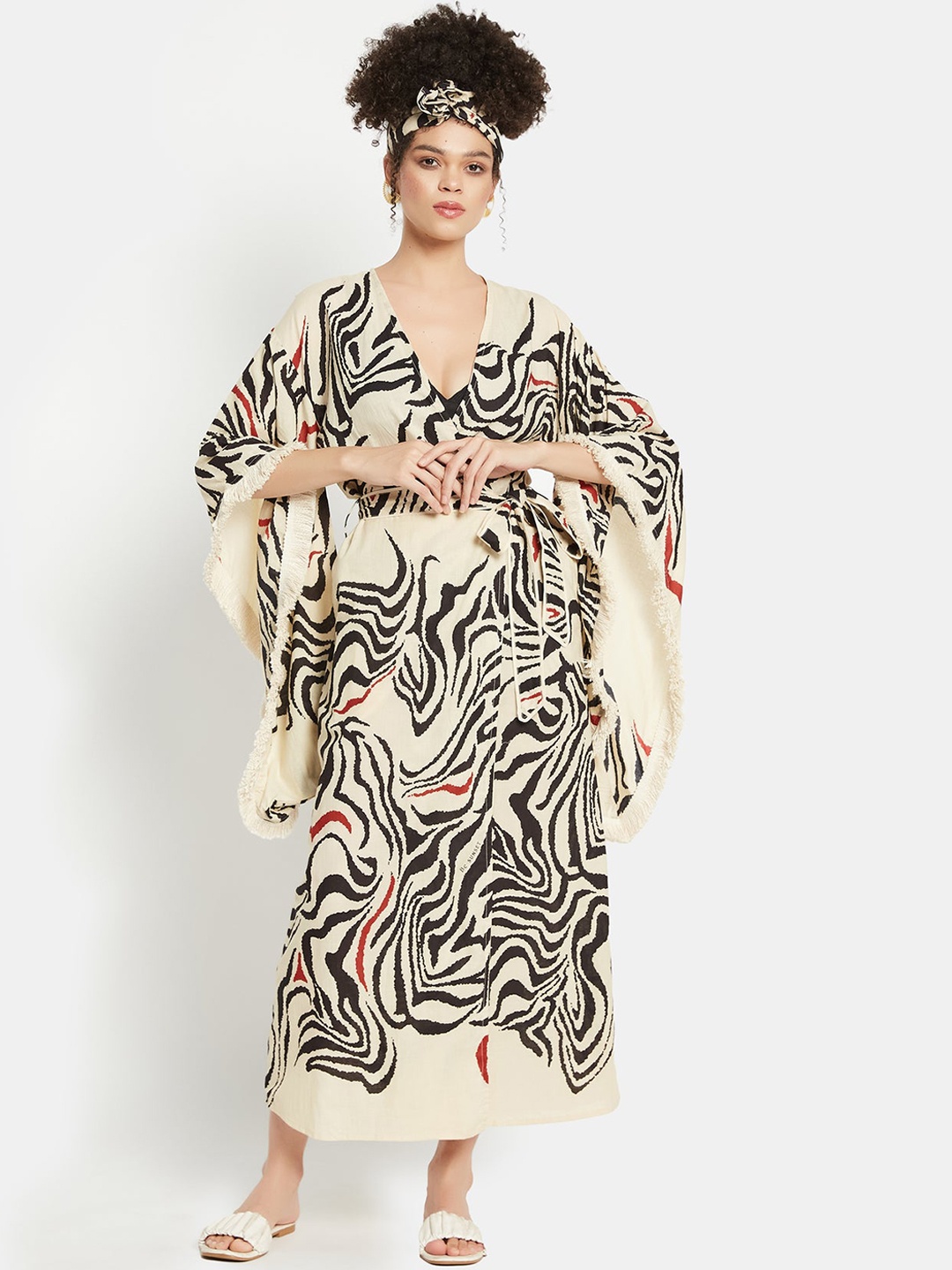 

Be Sunset Ibiza Abstract Printed V-Neck Bell Sleeves Tie-Ups Cotton Maxi Dress, Black