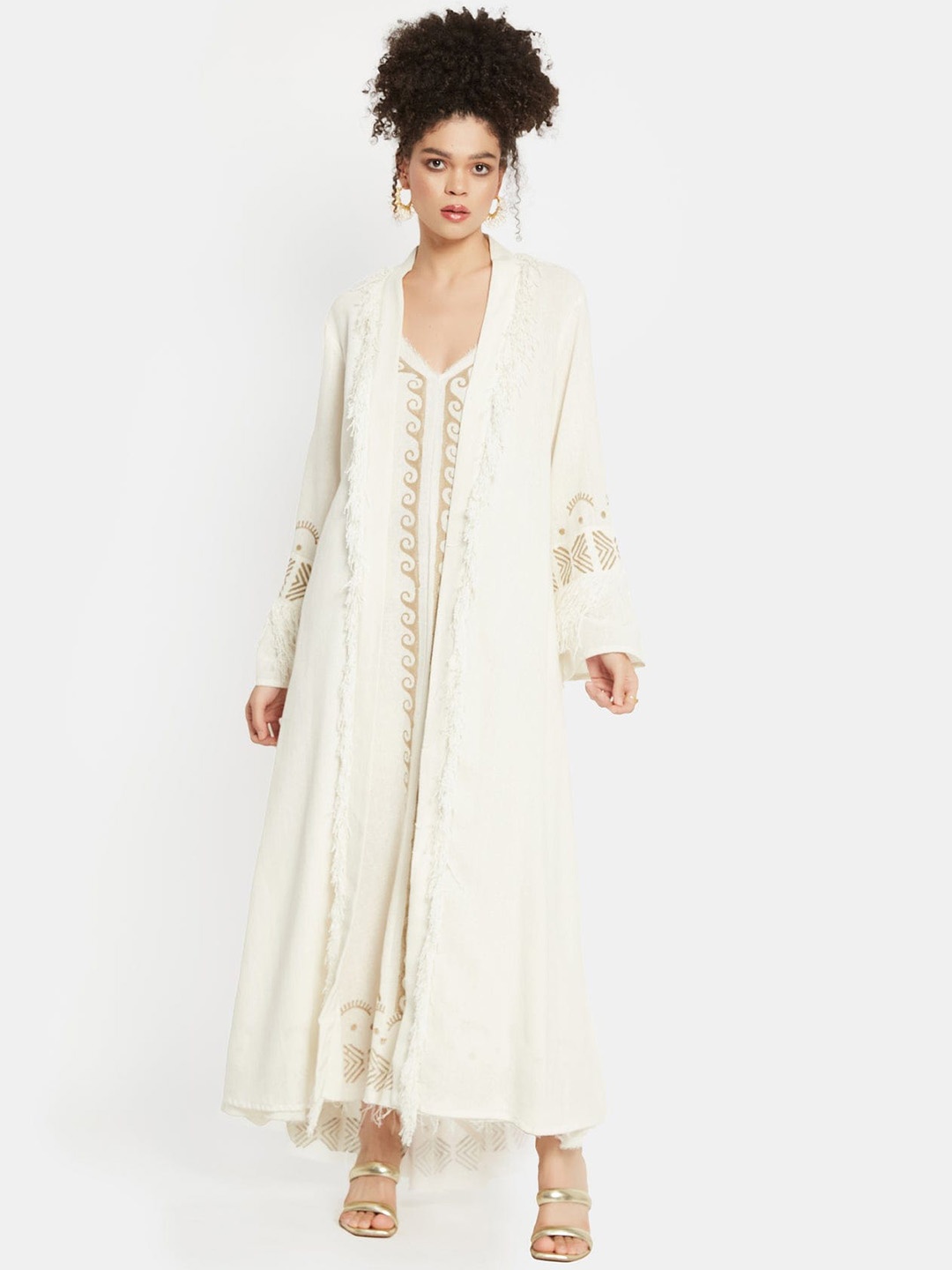

Be Sunset Ibiza Floral Printed V-Neck Bell Sleeves Cotton Kimono Maxi Dress, White