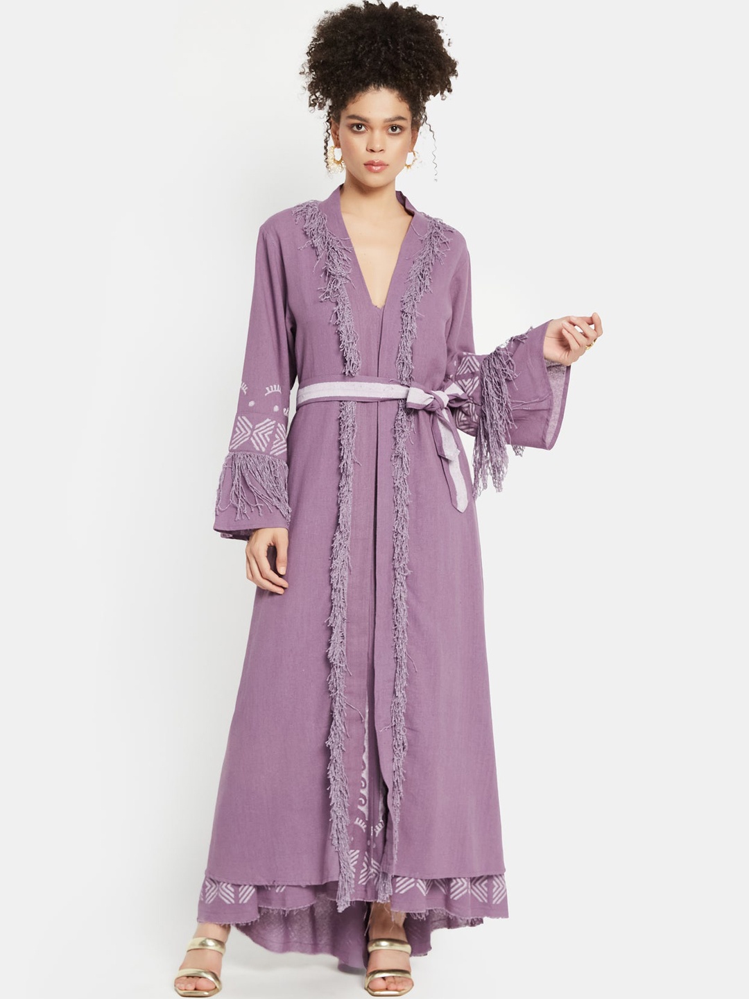 

Be Sunset Ibiza Abstract Printed V-Neck Bell Sleeves Cotton Maxi Dress, Lavender