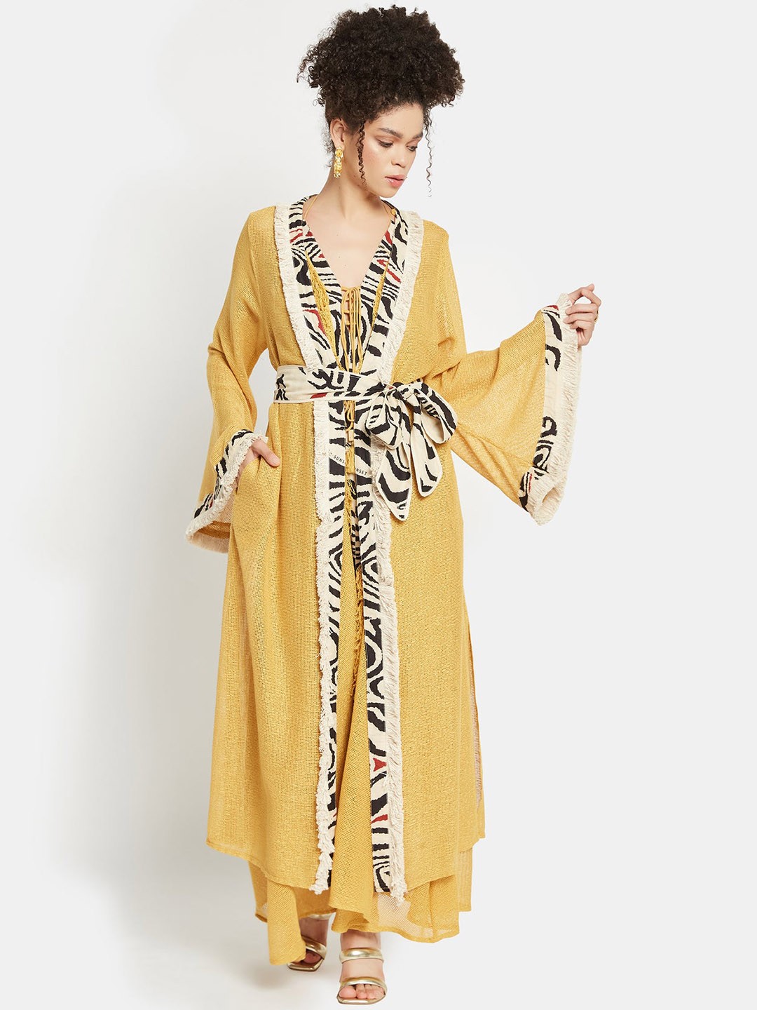 

Be Sunset Ibiza Abstract Printed Cotton Maxi Casual Dress Comes With A Belt, Mustard