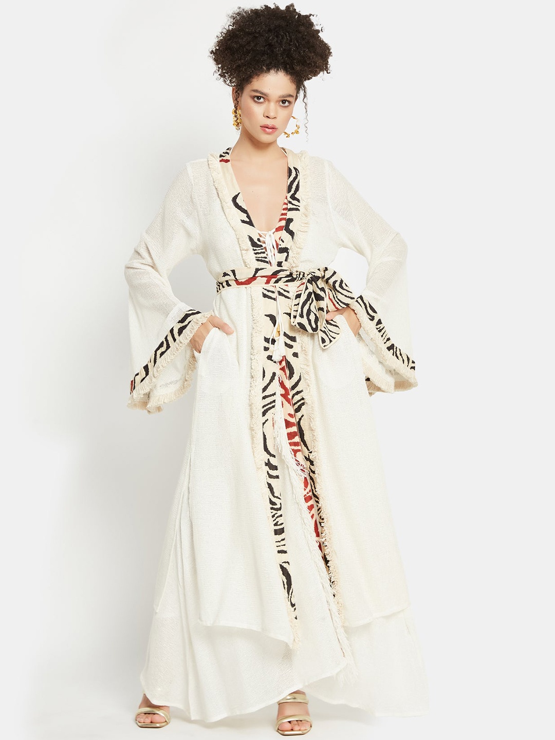 

Be Sunset Ibiza Abstract Printed V-Neck Bell Sleeves Cotton Maxi Dress, White