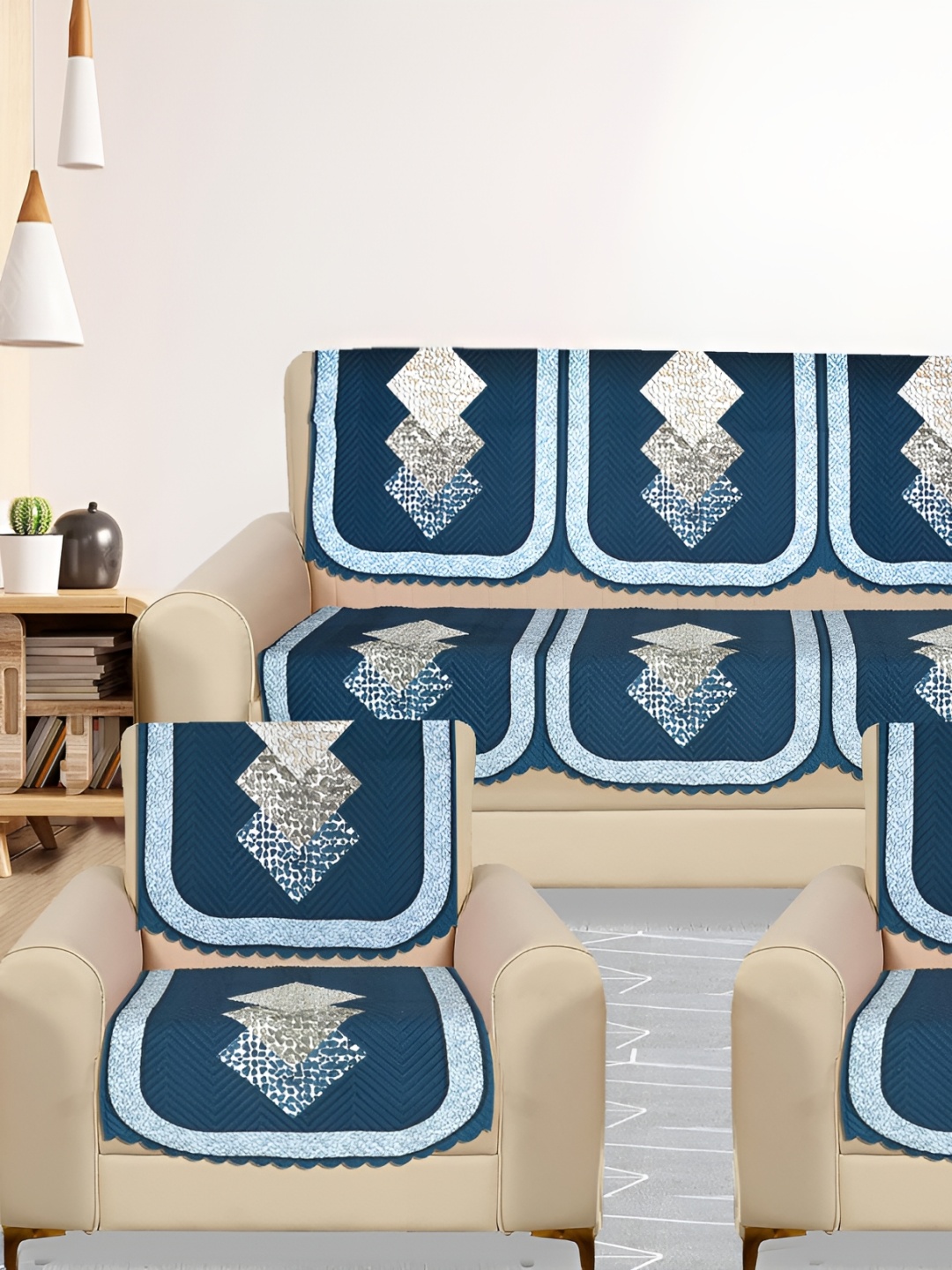 

RRC Blue & White 10 PIeces Floral Printed 5 Seater Velvet Sofa Cover