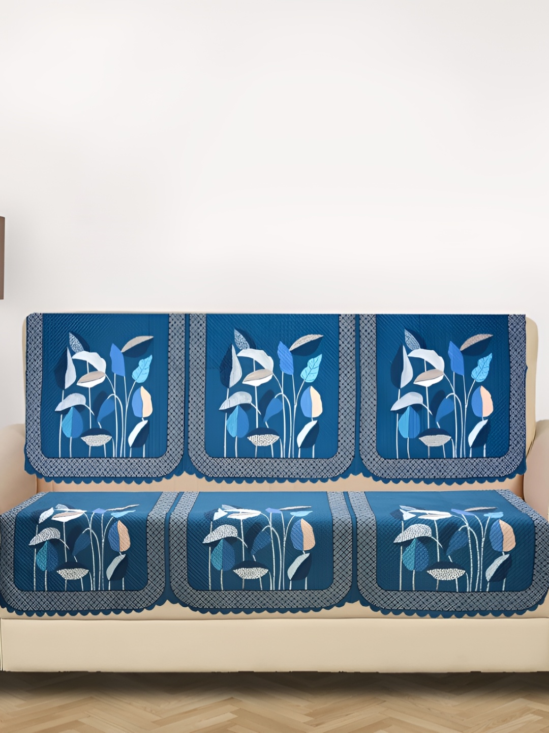 

RRC White & Blue 6 PIeces Printed 3 Seater Velvet Sofa Cover