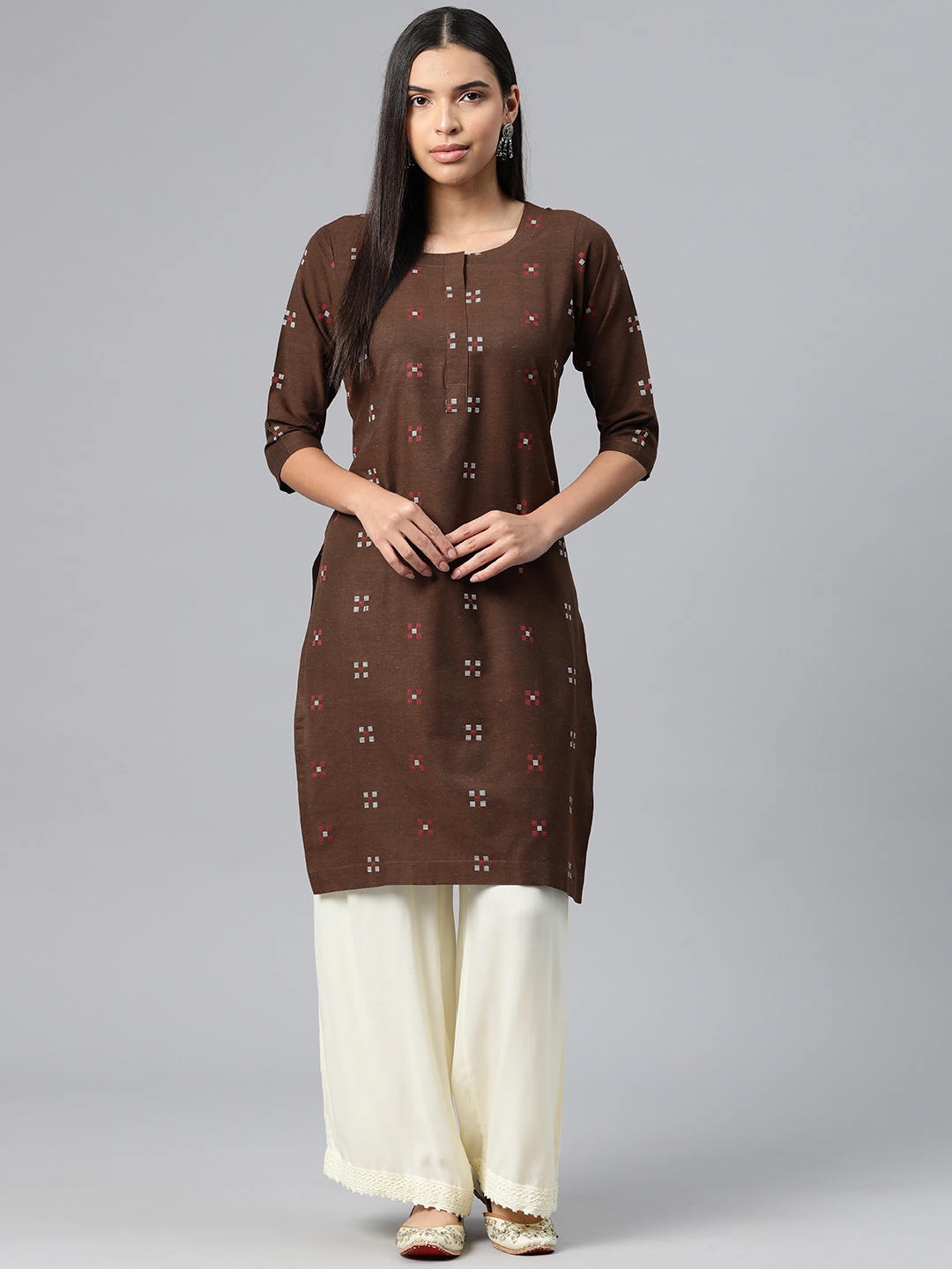 

One Femme Geometric Embroidered Thread Work Pure Cotton Kurta, Brown