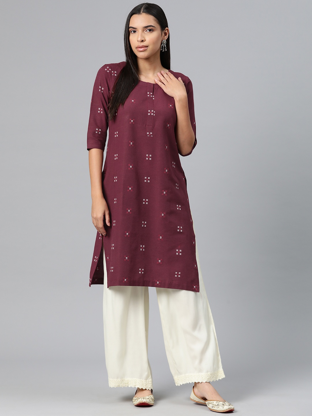 

One Femme Geometric Embroidered Thread Work Pure Cotton Kurta, Maroon