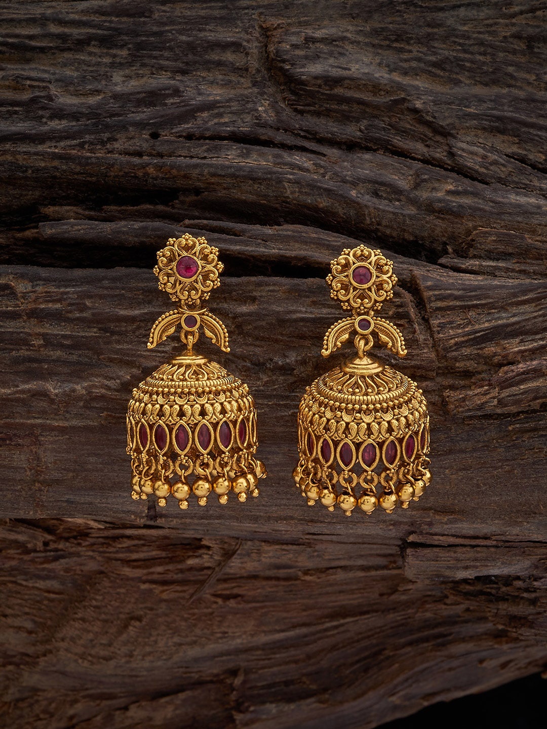 

Kushal's Fashion Jewellery Gold-Plated Stones Studded & Beaded Dome Shaped Jhumkas