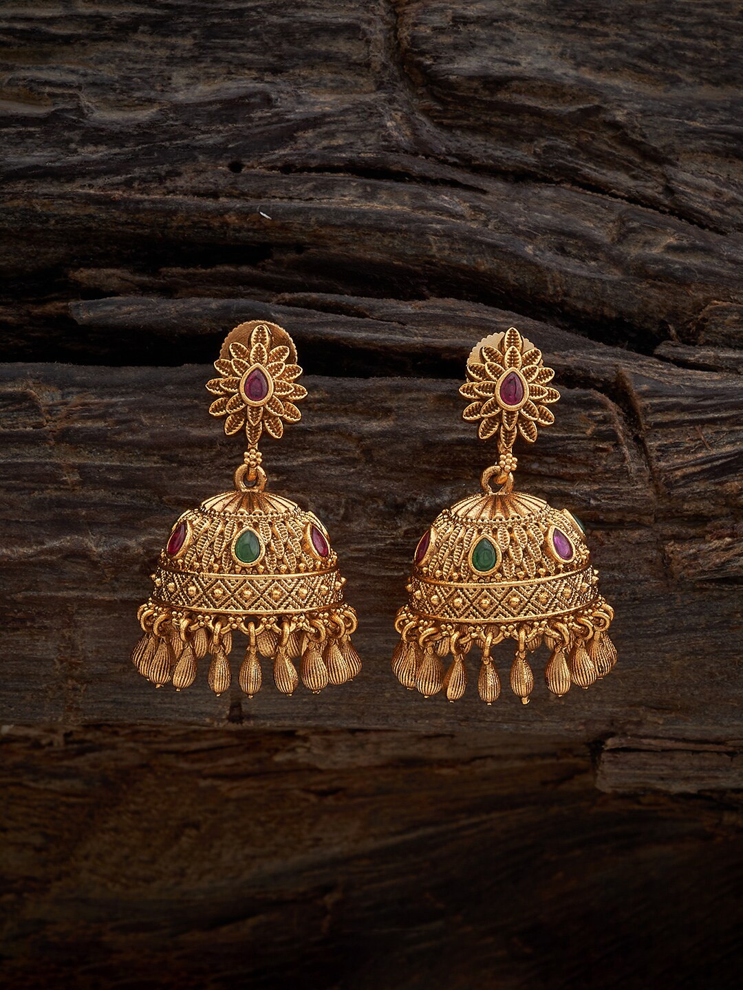 

Kushal's Fashion Jewellery Gold-Plated Stones Studded Dome Shaped Jhumkas