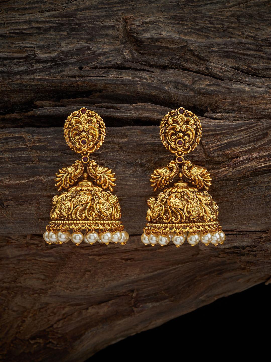 

Kushal's Fashion Jewellery Gold-Plated Dome Shaped Jhumkas, Red