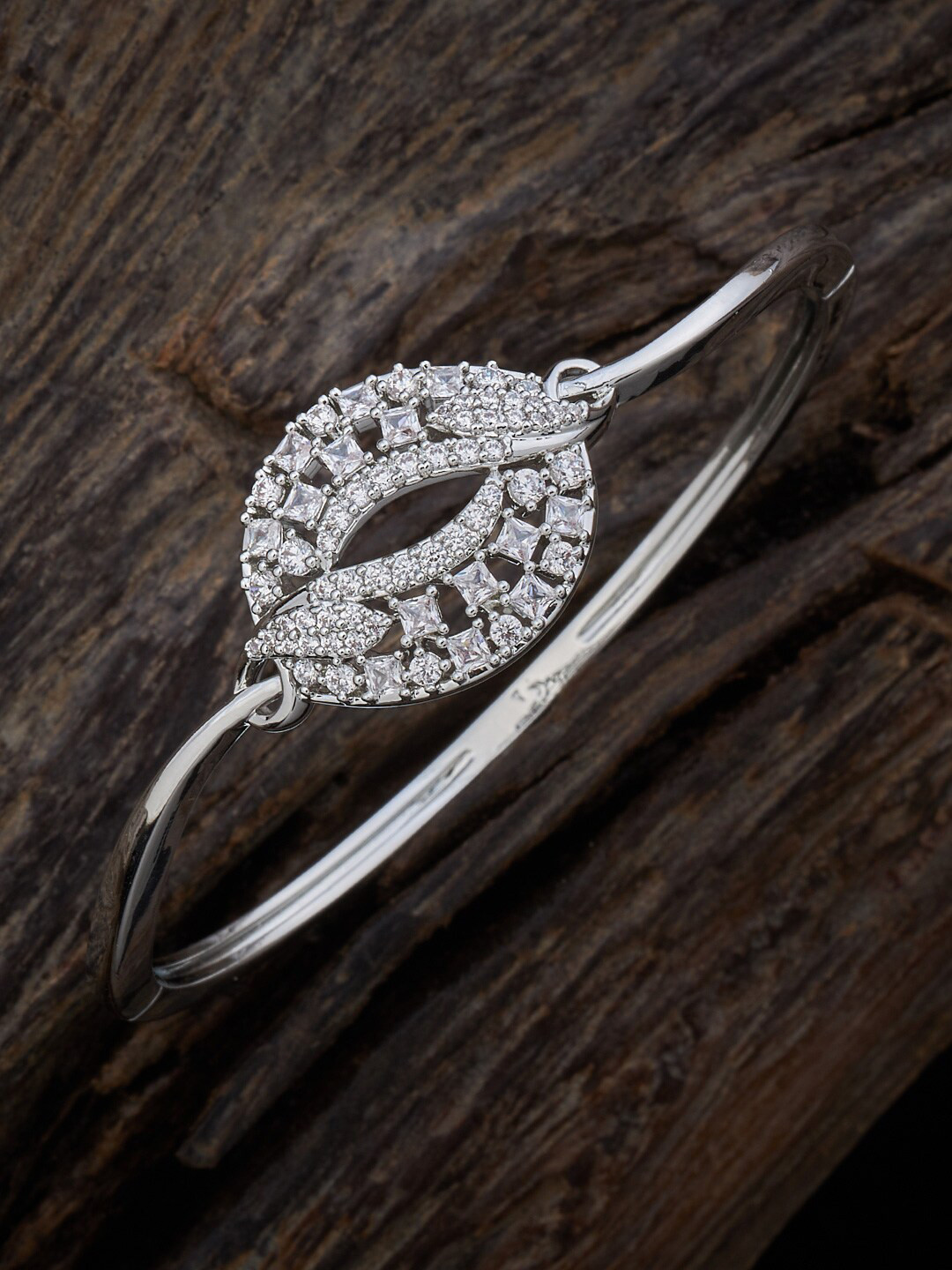 

Kushal's Fashion Jewellery Rhodium-Plated Cubic Zirconia Studded Kada Bracelet, Silver