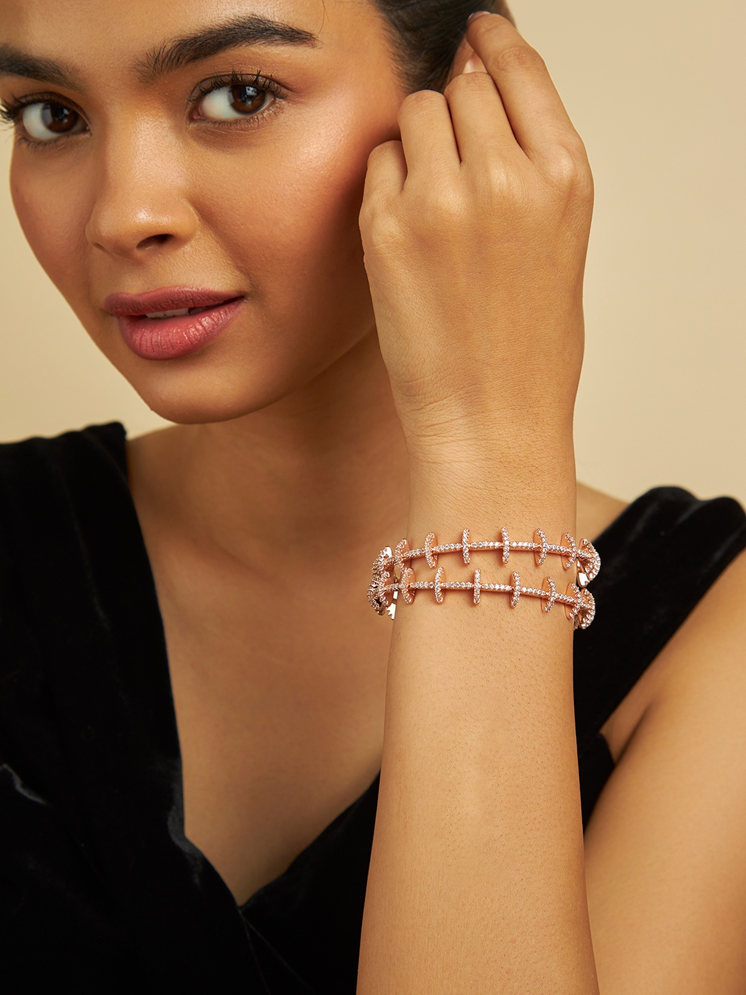 

Kushal's Fashion Jewellery Set Of 2 Rose Gold Plated CZ Studded Bangles