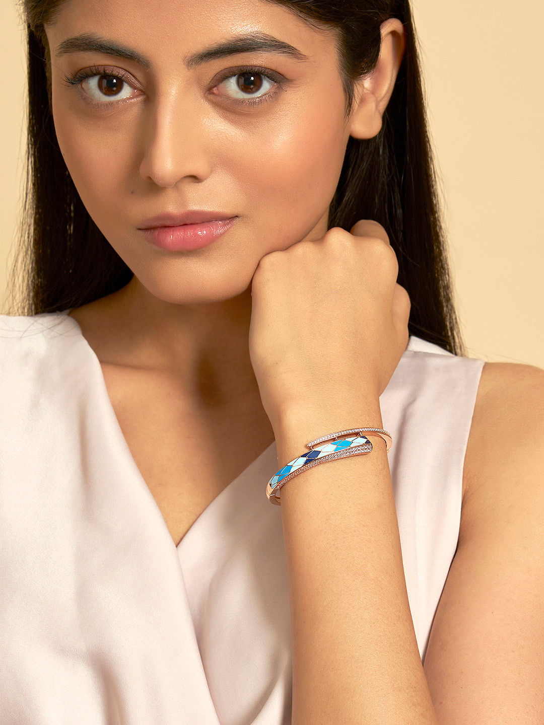 

Kushal's Fashion Jewellery Rose Gold-Plated Cubic Zirconia Studded Kada Bracelet