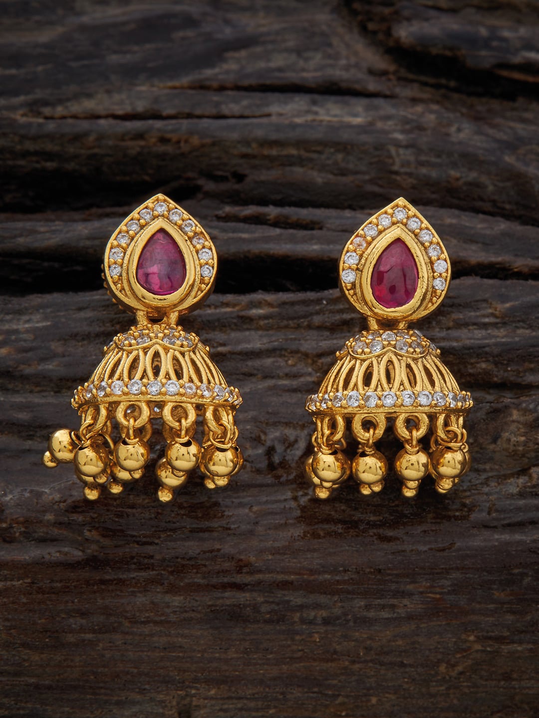 

Kushal's Fashion Jewellery Gold-Plated Cubic Zirconia Studded Dome Shaped Jhumkas