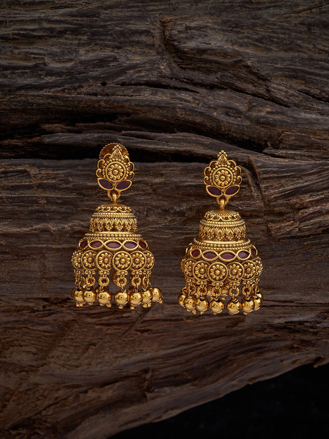 

Kushal's Fashion Jewellery Gold-Plated Dome Shaped Jhumkas, Red