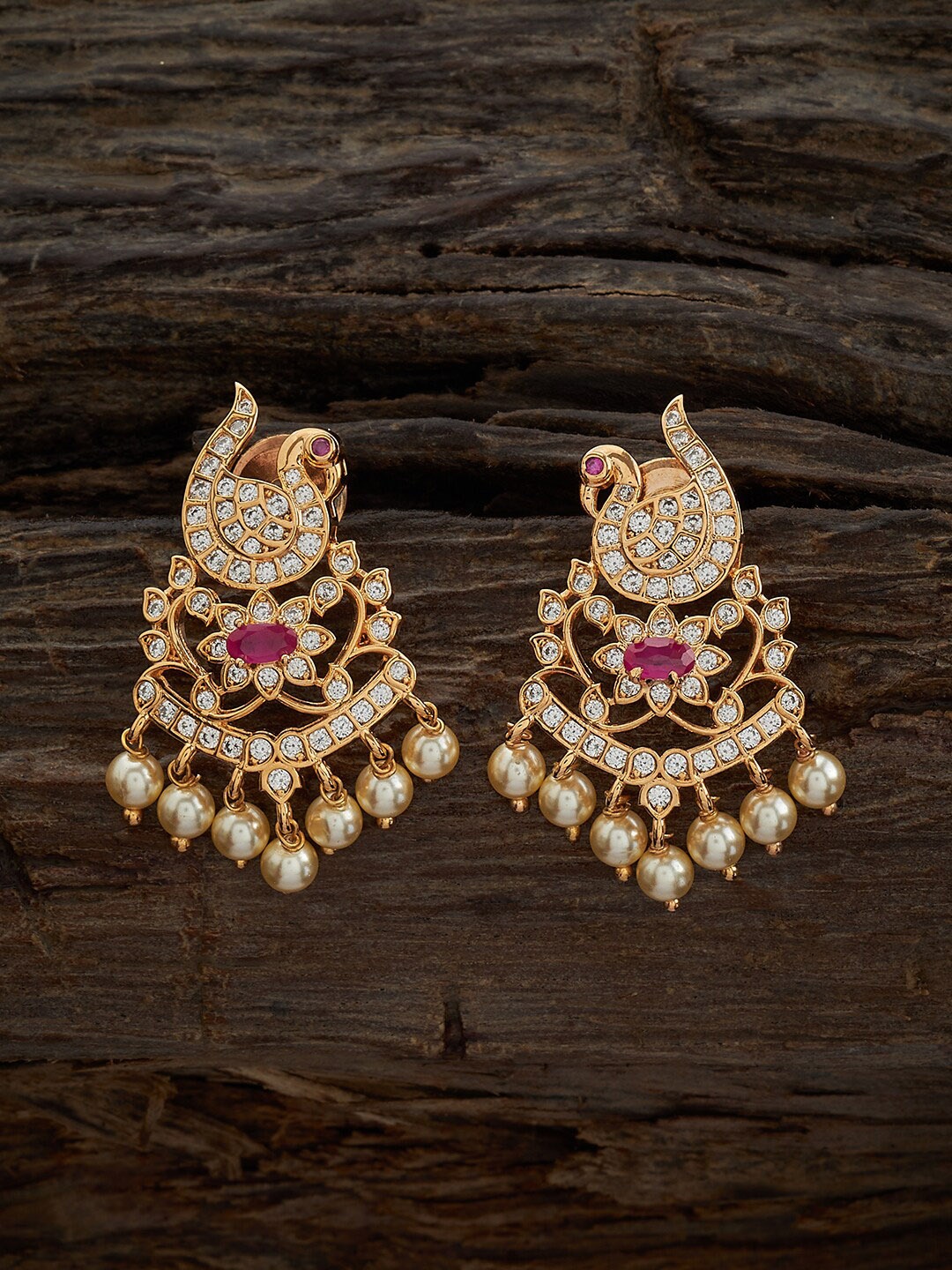 

Kushal's Fashion Jewellery Gold-Plated Cubic Zirconia Studded Peacock Shaped Drop Earrings