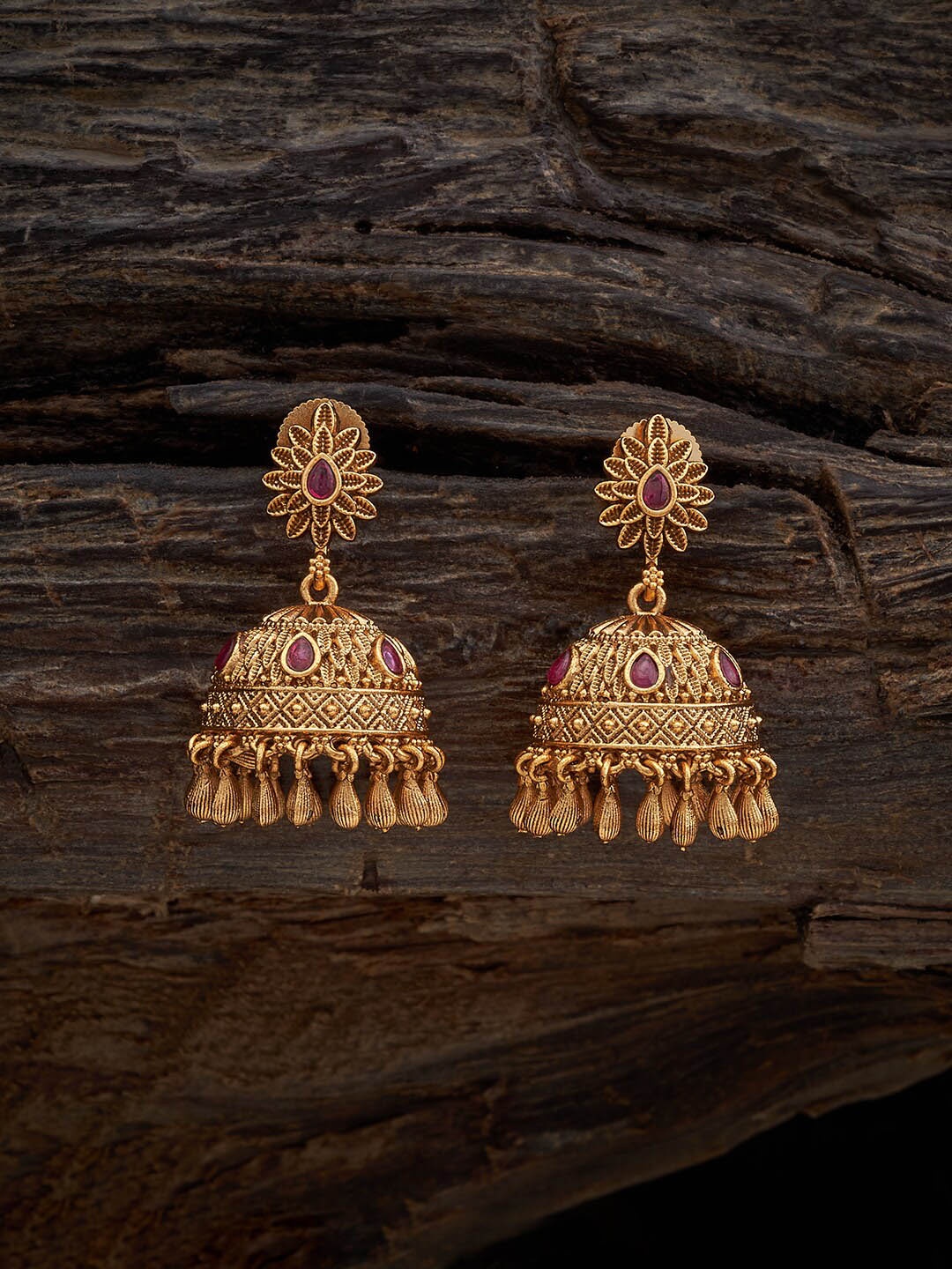 

Kushal's Fashion Jewellery Gold-Plated Dome Shaped Jhumkas, Red