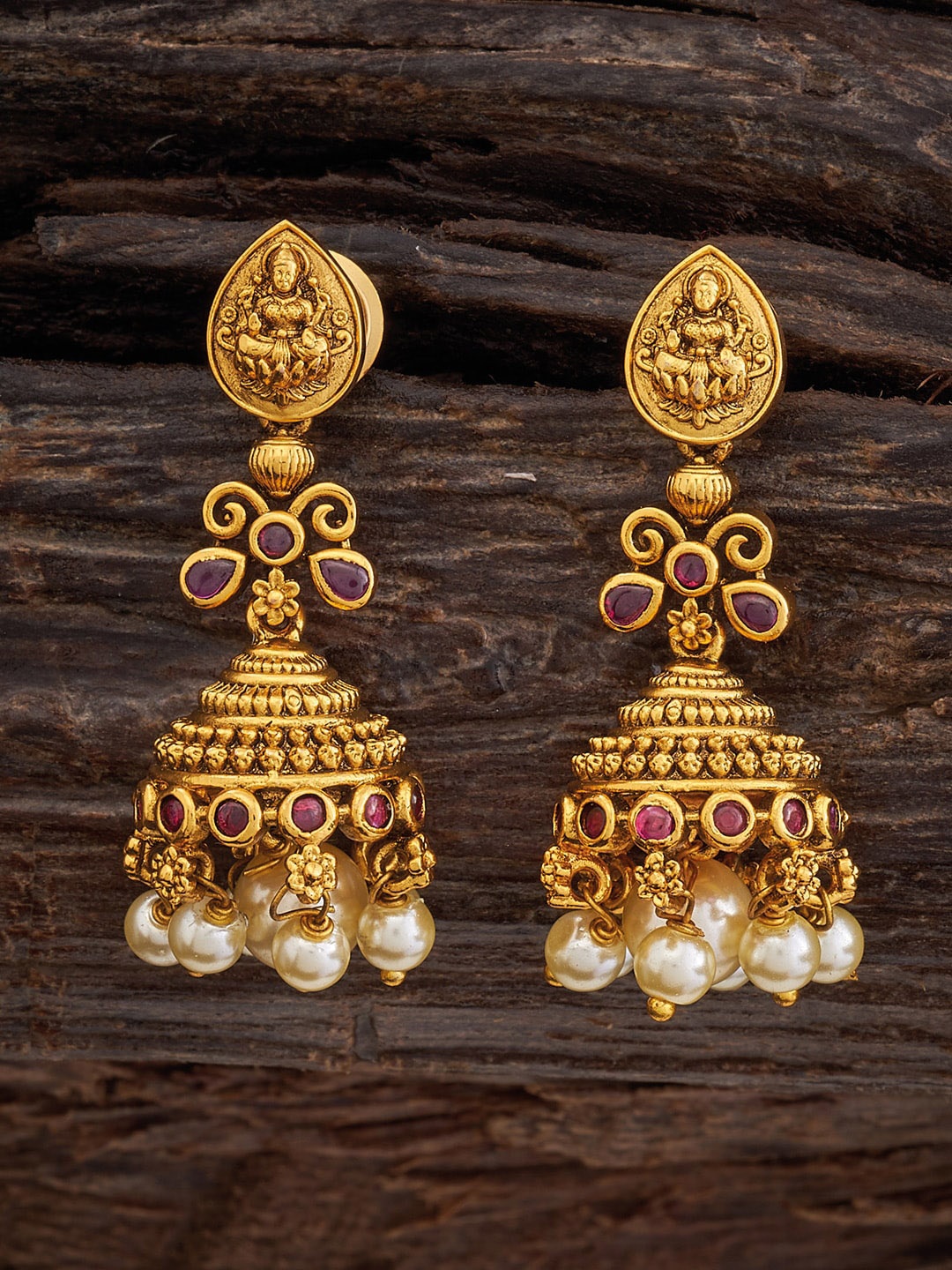 

Kushal's Fashion Jewellery Gold-Plated Dome Shaped Jhumkas, Red