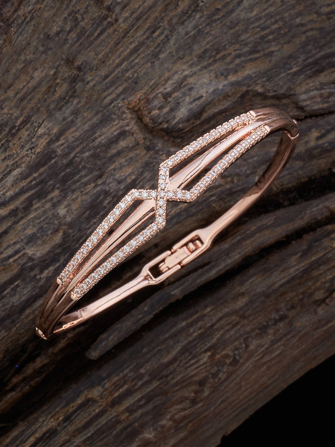 

Kushal's Fashion Jewellery Rose Gold-Plated Cubic Zirconia Stone Studded Kada Bracelet