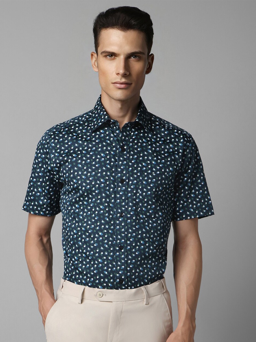 Louis Philippe Floral Printed Pure Cotton Formal Shirt, Navy blue