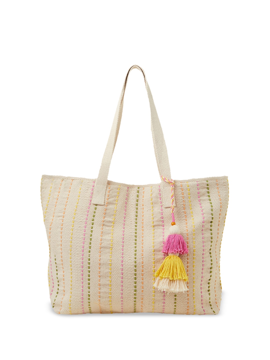 

Accessorize Striped Oversized Shopper Cotton Tote Bag with Tasselled, White