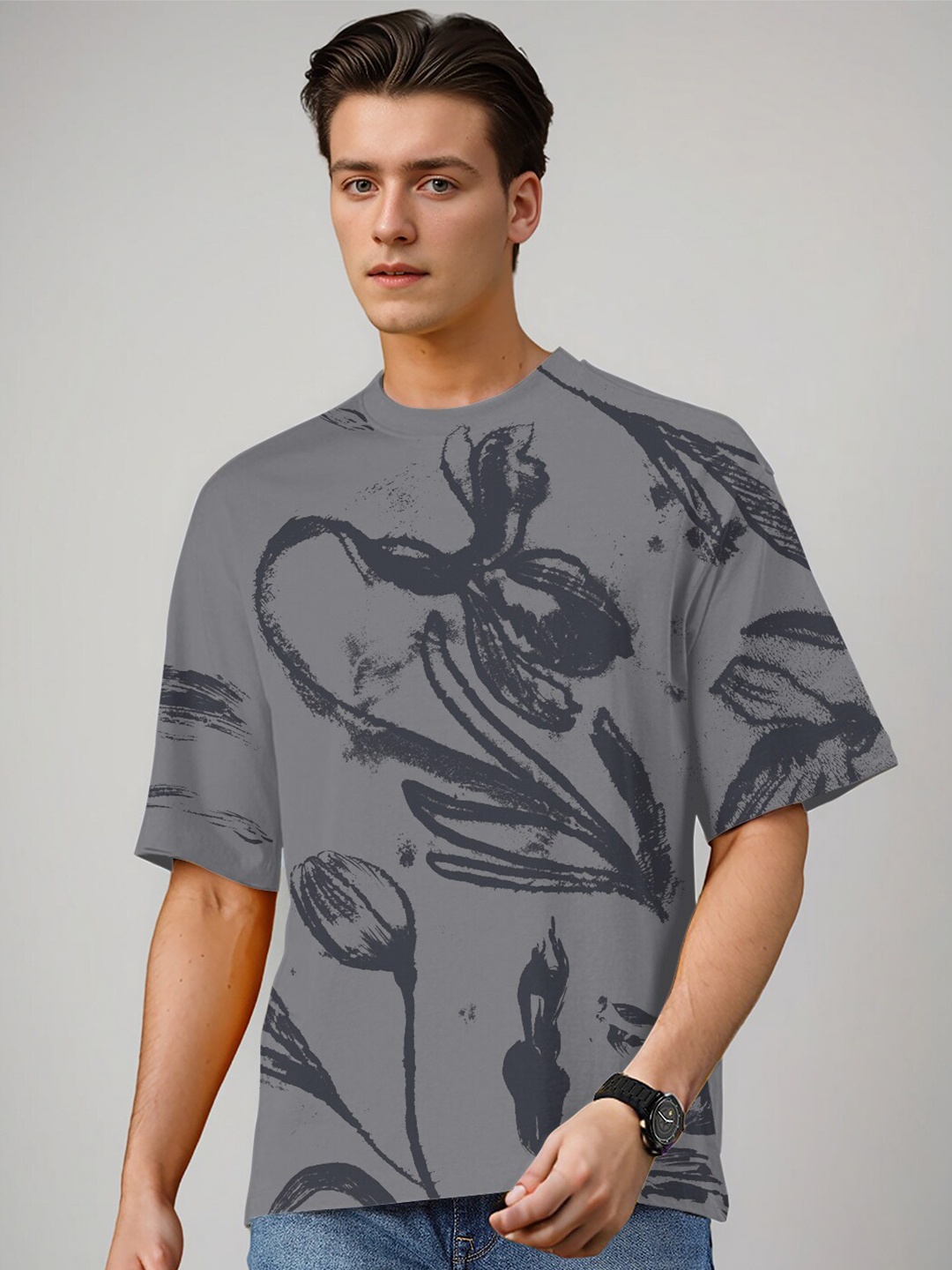 

Huetrap Floral Printed Drop Shoulder Sleeves Relaxed Fit Cotton T-shirt, Charcoal