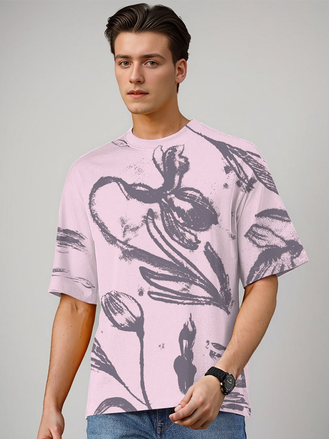 

Huetrap Floral Printed Pure Cotton Relaxed Fit T-shirt, Pink