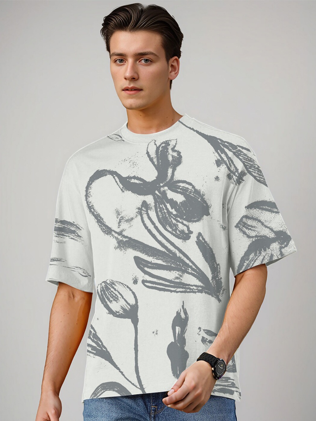 

Huetrap Floral Printed Drop Shoulder Sleeves Relaxed Fit Cotton T-shirt, Grey