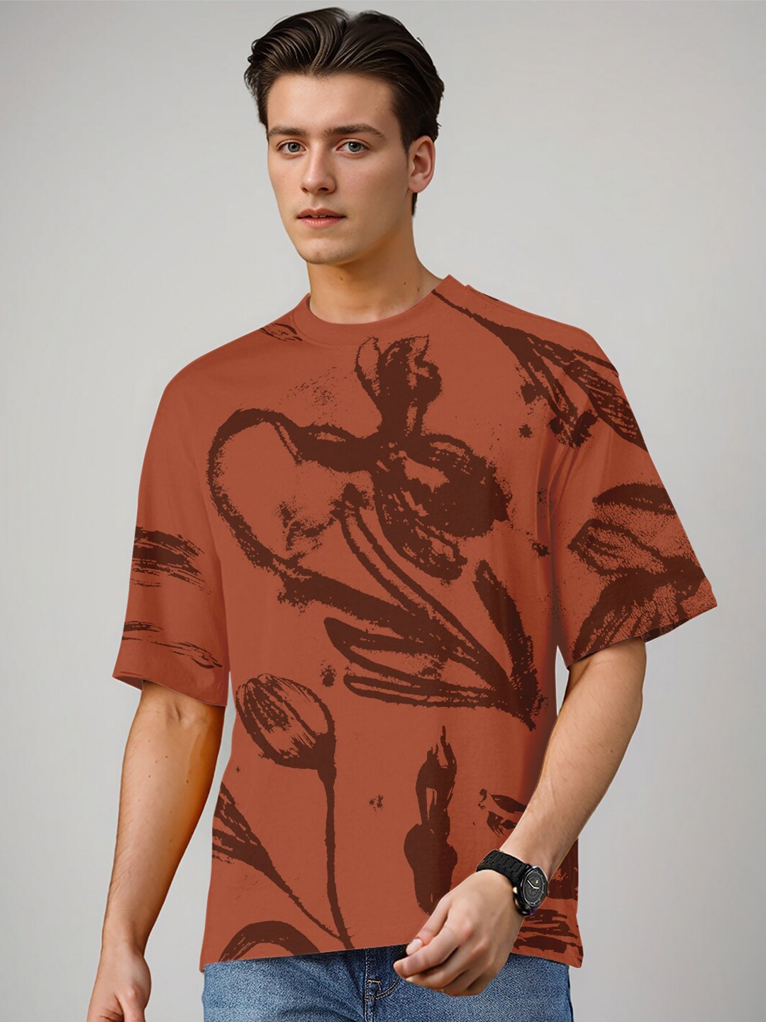 

Huetrap Floral Printed Pure Cotton Relaxed Fit T-shirt, Brown