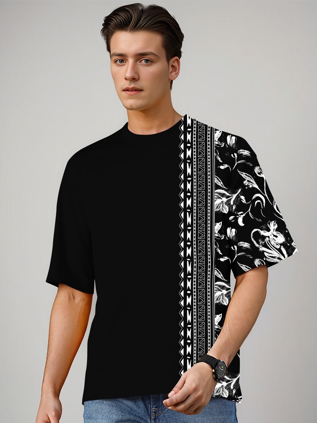 

Huetrap Graphic Printed Drop Shoulder Sleeves Cotton Relaxed Fit T-shirt, Black