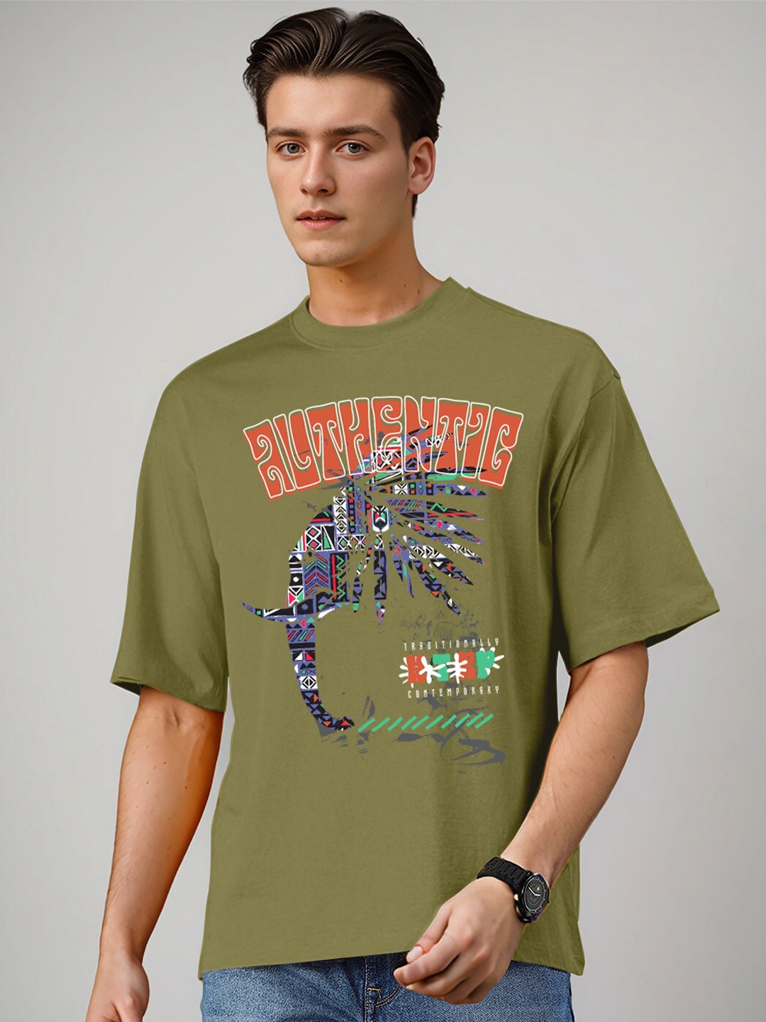 

Huetrap Graphic Printed Pure Cotton Relaxed Fit T-shirt, Olive