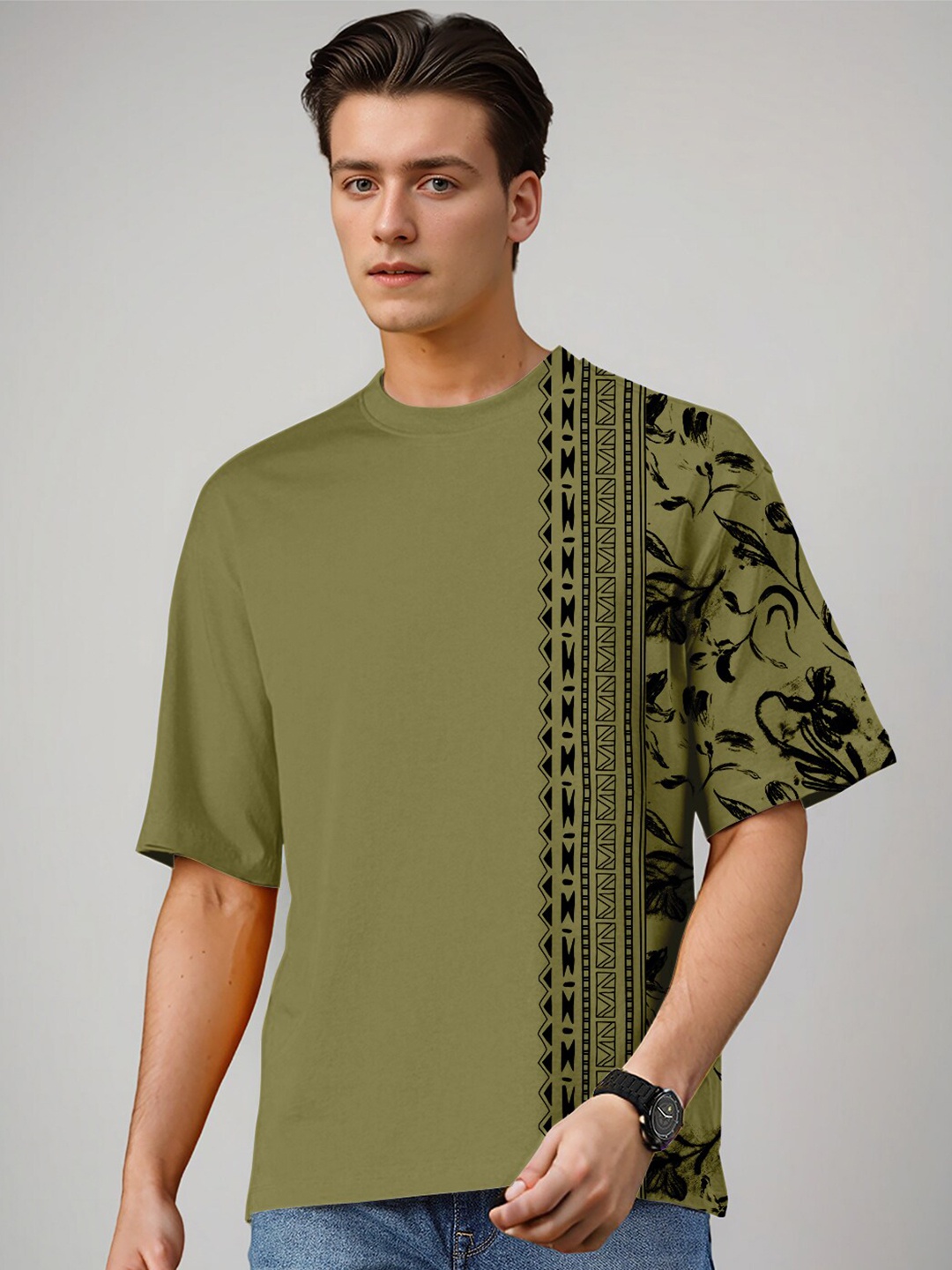 

Huetrap Floral Printed Pure Cotton Relaxed Fit T-shirt, Olive